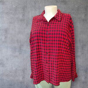 Denim & Co. Women's 2X Red & Black Houndstooth Button-Up Collared Blouse